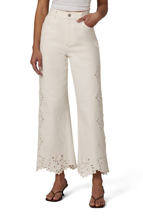 The Mia Embroidered High Waist Ankle Straight Leg Jeans (Ecru Floral)