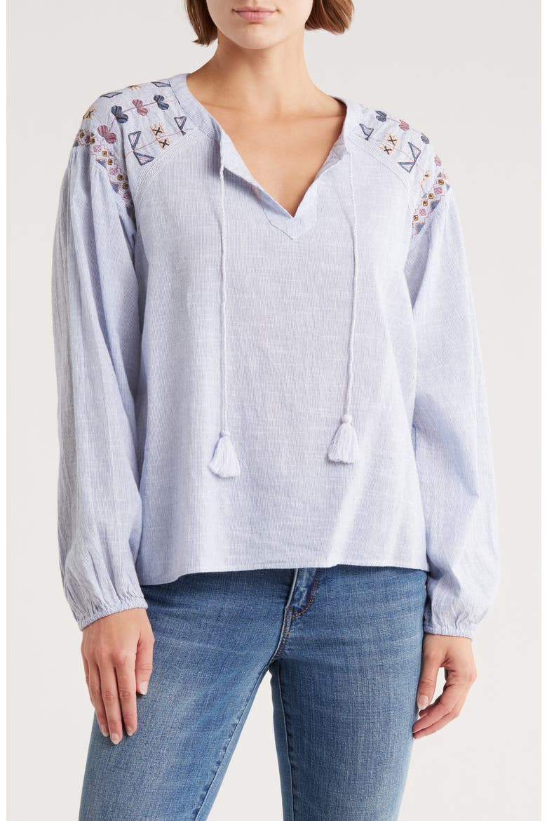 Long Sleeve Embroidered Peasant Top, Main, color, BLUE STRIPE