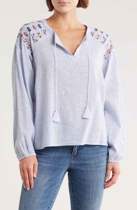 Long Sleeve Embroidered Peasant Top