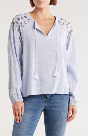 Lucky Brand Long Sleeve Embroidered Peasant Top In Blue