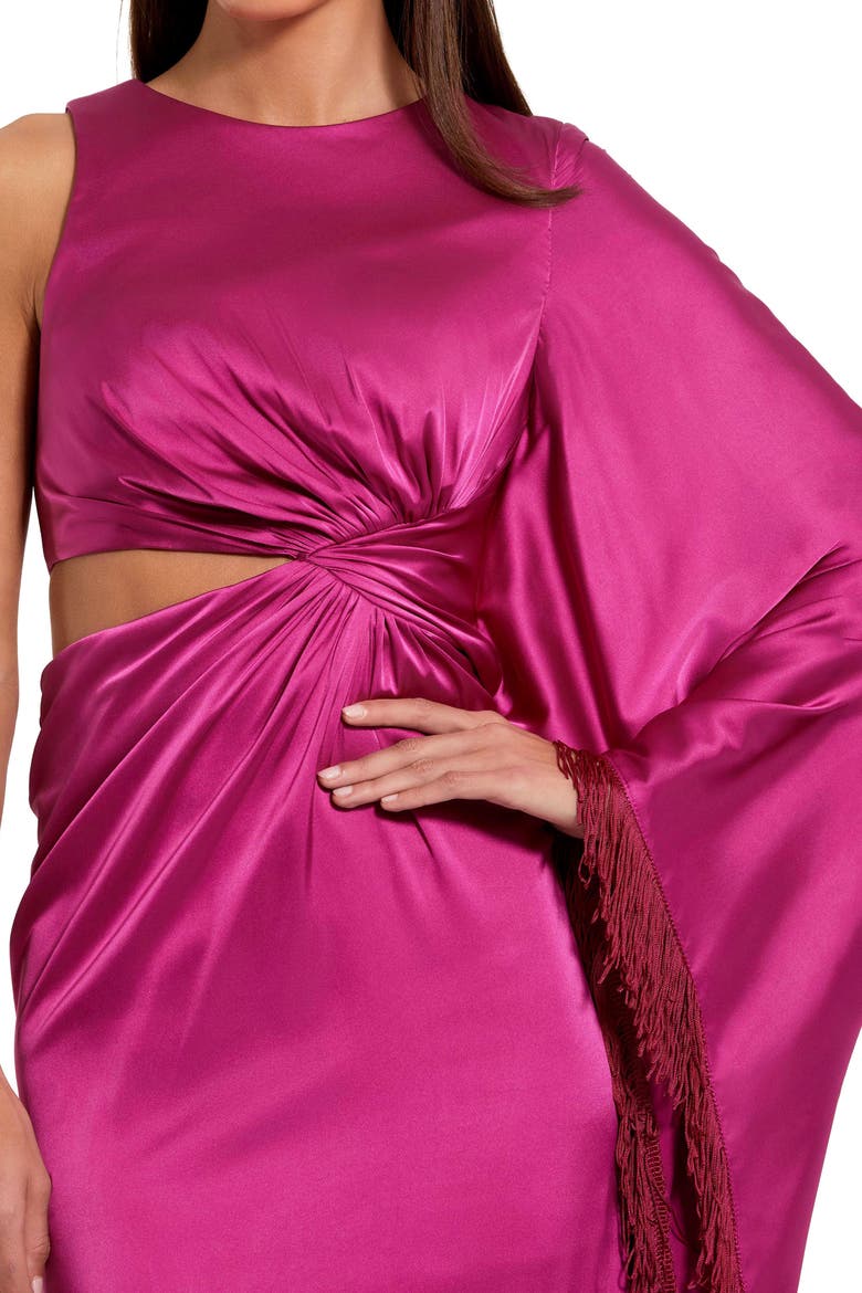 Women's Charmeuse Kaftan Sleeve Assymetrical Fringe Gown, Alternate, color, Magenta