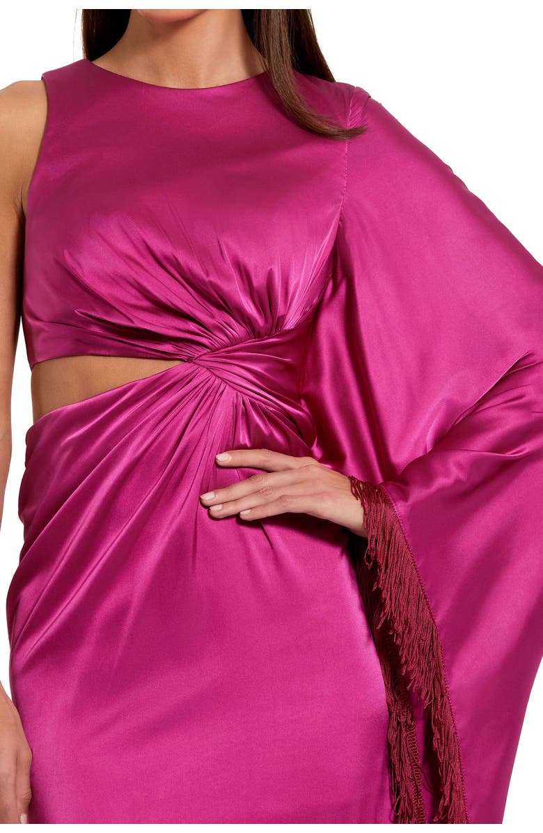 Mac Duggal Women's Charmeuse Kaftan Sleeve Assymetrical Fringe Gown, Alternate, color, Magenta