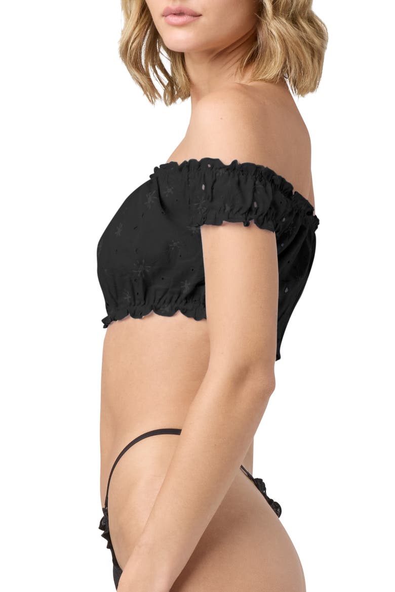 Embroidered Eyelet Off the Shoulder Crop Top, Alternate, color, BLACK