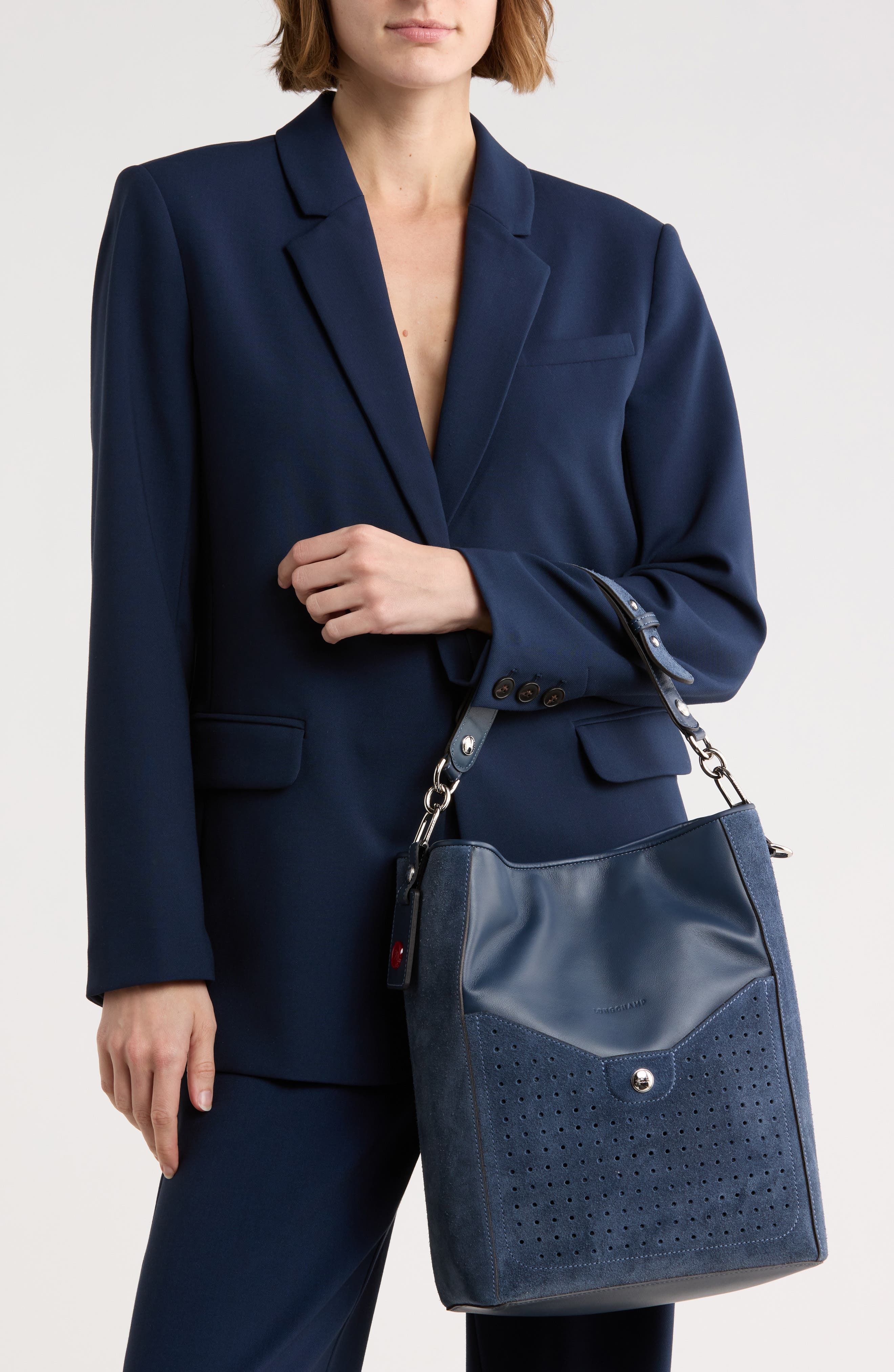 Longchamp Mademoiselle Leather Bucket Bag, Alternate, color, Pilot Blue