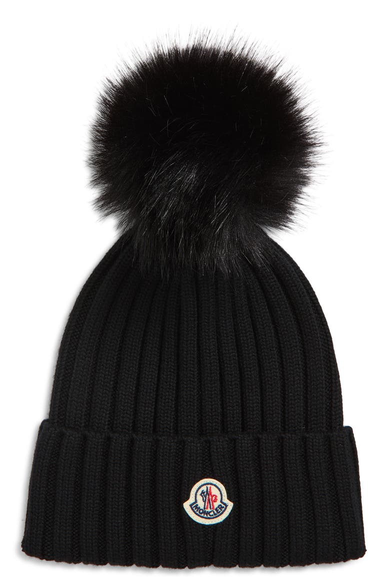 Wool Rib Beanie with Faux Fur Pompom, Main, color, BLACK