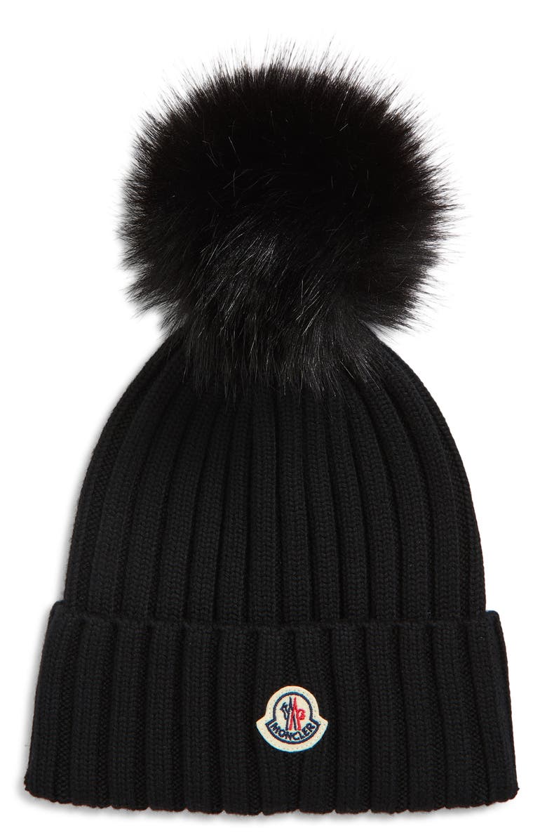 Moncler Wool Rib Beanie with Faux Fur Pompom, Main, color, Black
