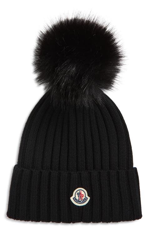 Wool Rib Beanie with Faux Fur Pompom