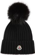Moncler Wool Rib Beanie with Faux Fur Pompom
