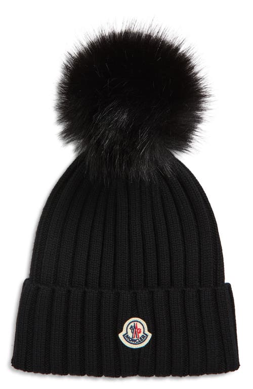 Moncler Wool Rib Beanie With Faux Fur Pompom In Black