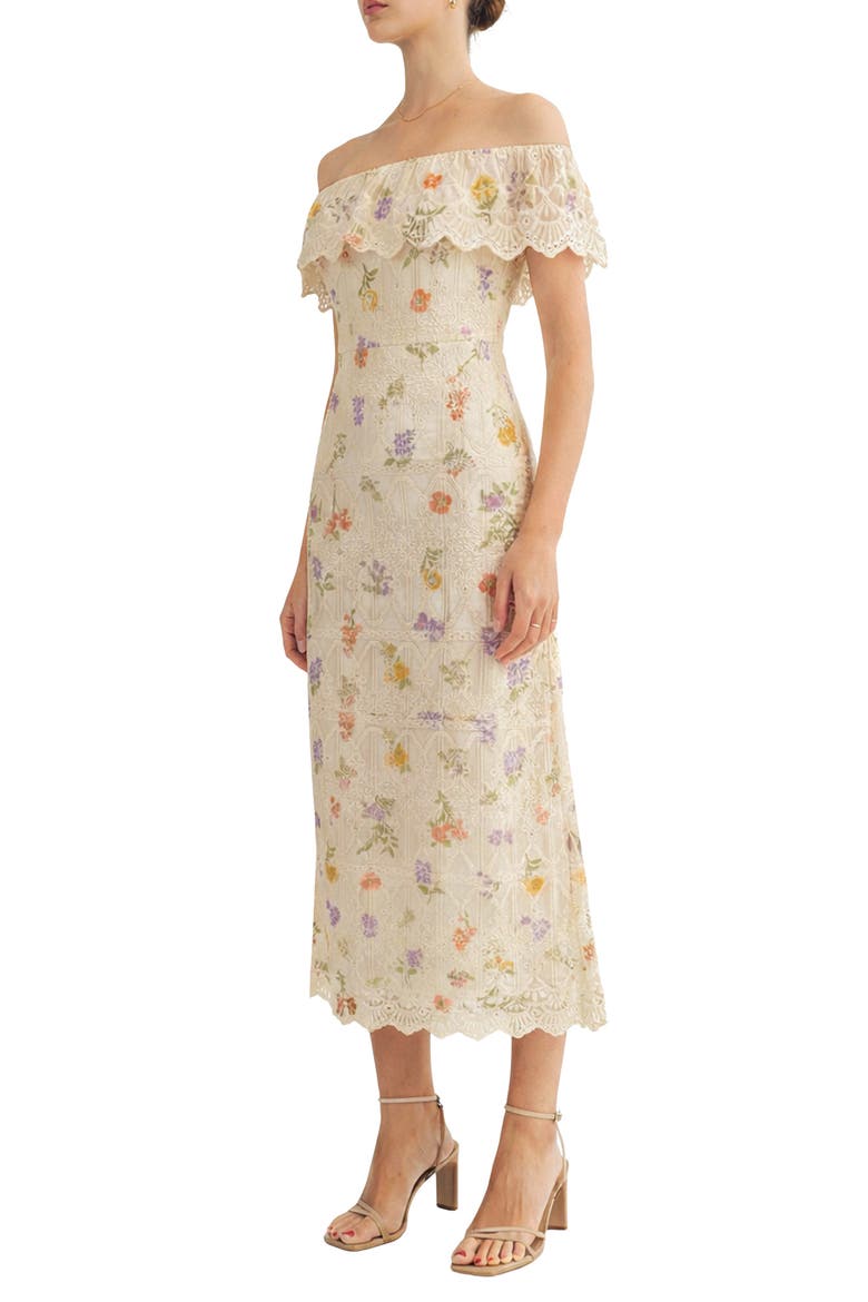 Brinley Embroidered Off the Shoulder Midi Dress, Alternate, color, MULTI