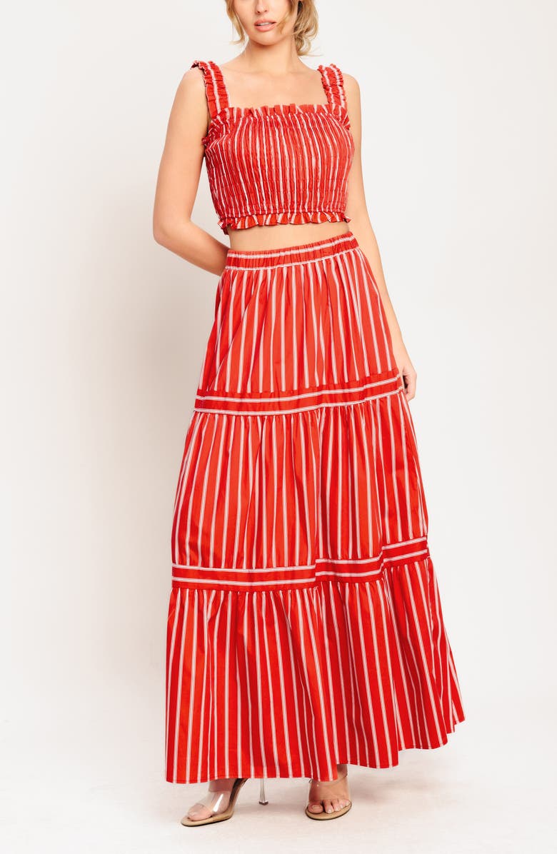 FLYING TOMATO Stripe Tiered Cotton Maxi Skirt, Alternate, color, Red/ White