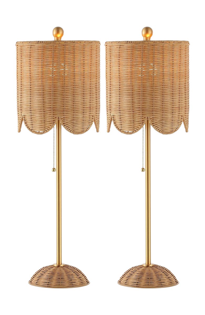 JONATHAN Y Celerie 27.5" Coastal Bohemian Rattan/Iron Scalloped Buffet LED Table Lamp with Pull Chain, Main, color, Natural/Brass Gold