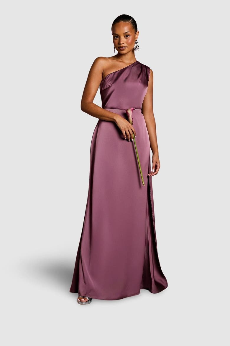 petite one shoulder dress Long With 3D Floral Shoulder Detail high split Petite One Shoulder Maxi Dress