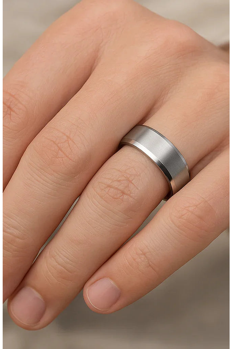 Shire Titanium Flat Wedding Ring Brushed Center With Polished Beveled Edges, Alternate, color, Silver 8mm