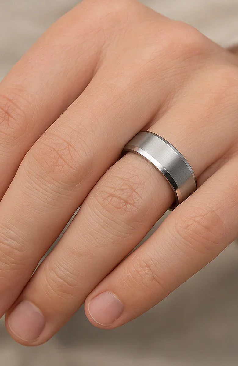 Larson Jewelers Shire Titanium Flat Wedding Ring Brushed Center With Polished Beveled Edges, Alternate, color, Silver 8Mm