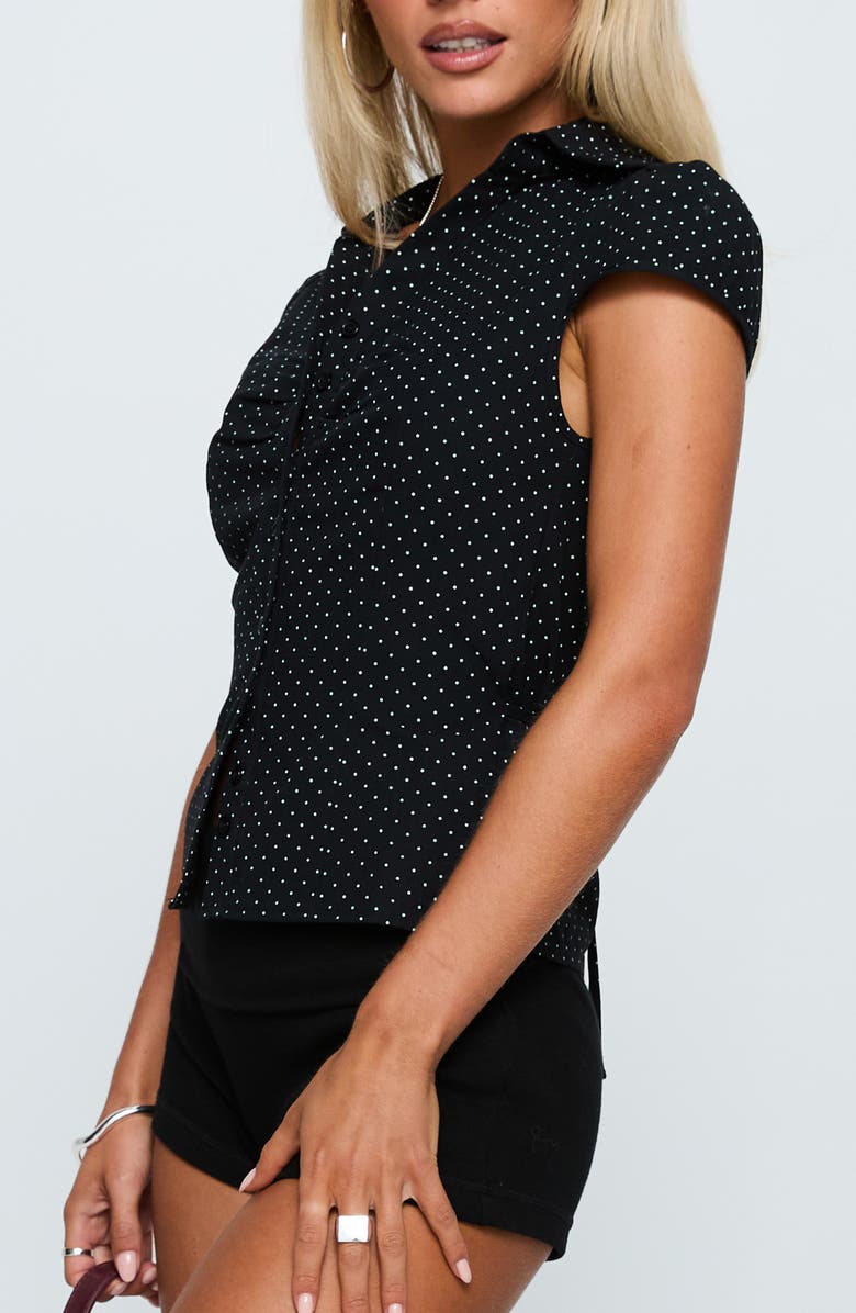 Princess Polly Arianwyn Polka Dot Cap Sleeve Cotton Button-Up Shirt, Alternate, color, Black