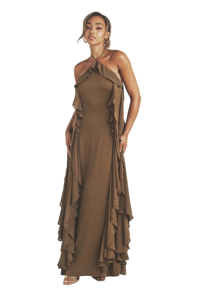 Whitney Ruffle Halter Neck Maxi Dress, Alternate, color, Olive