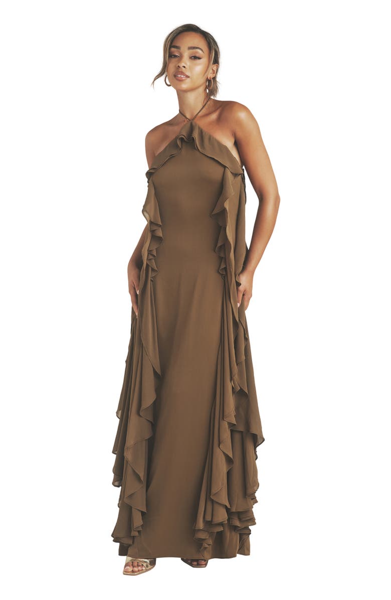 Six Stories Whitney Ruffle Halter Neck Maxi Dress, Alternate, color, Olive