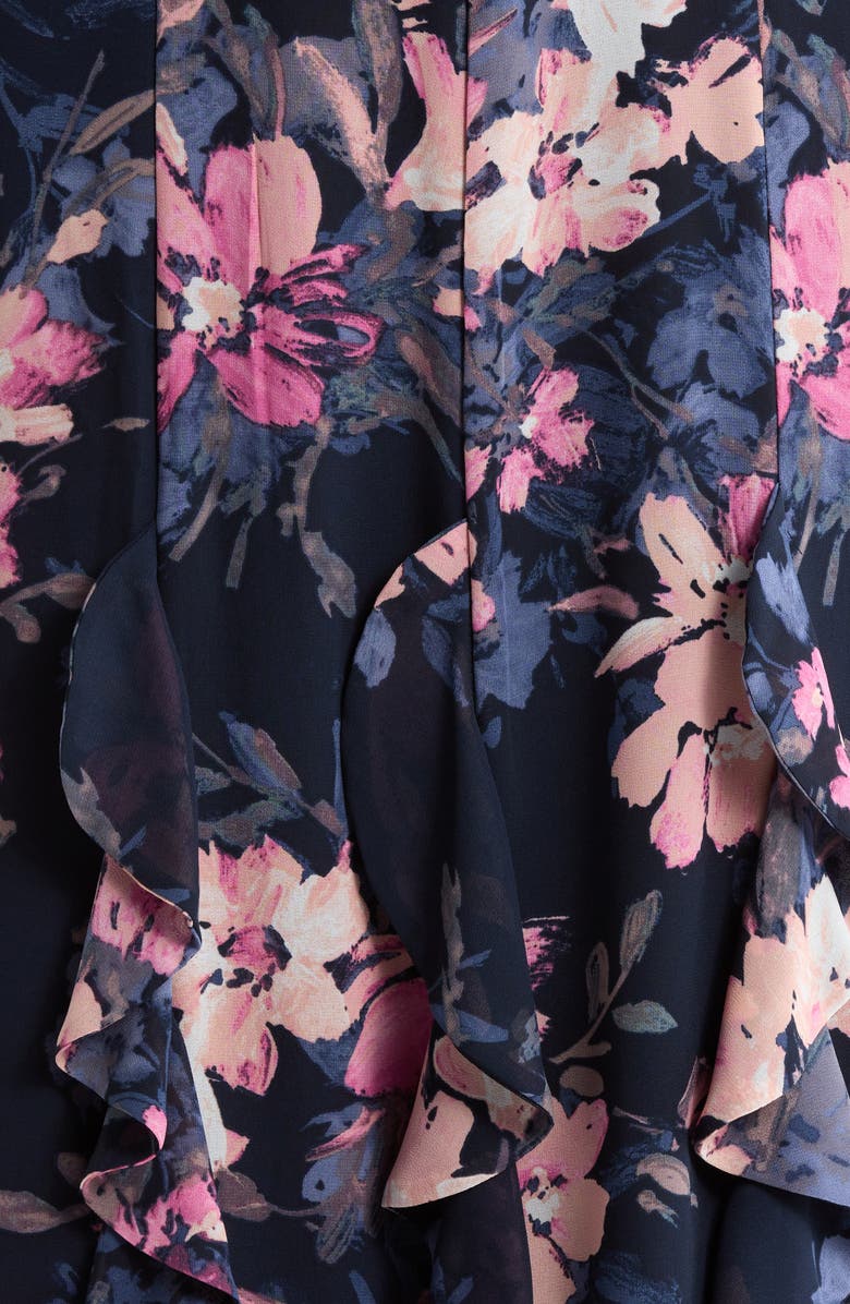 Tahari ASL Floral Belted Ruffle Hem Midi Dress, Alternate, color, Navy Peri Floral