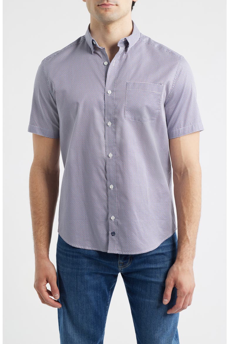 Logan Microprint Short Sleeve Cotton Blend Button-Up Shirt, Main, color, NAVY / RED MINI FLORAL