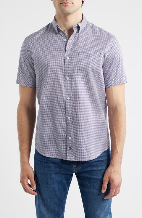 Logan Microprint Short Sleeve Cotton Blend Button-Up Shirt