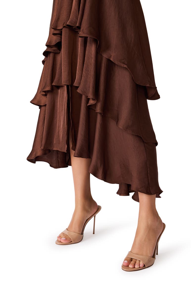 Bei Long Sleeve Tiered Satin Midi Dress, Alternate, color, SHAVED CHOCOLATE
