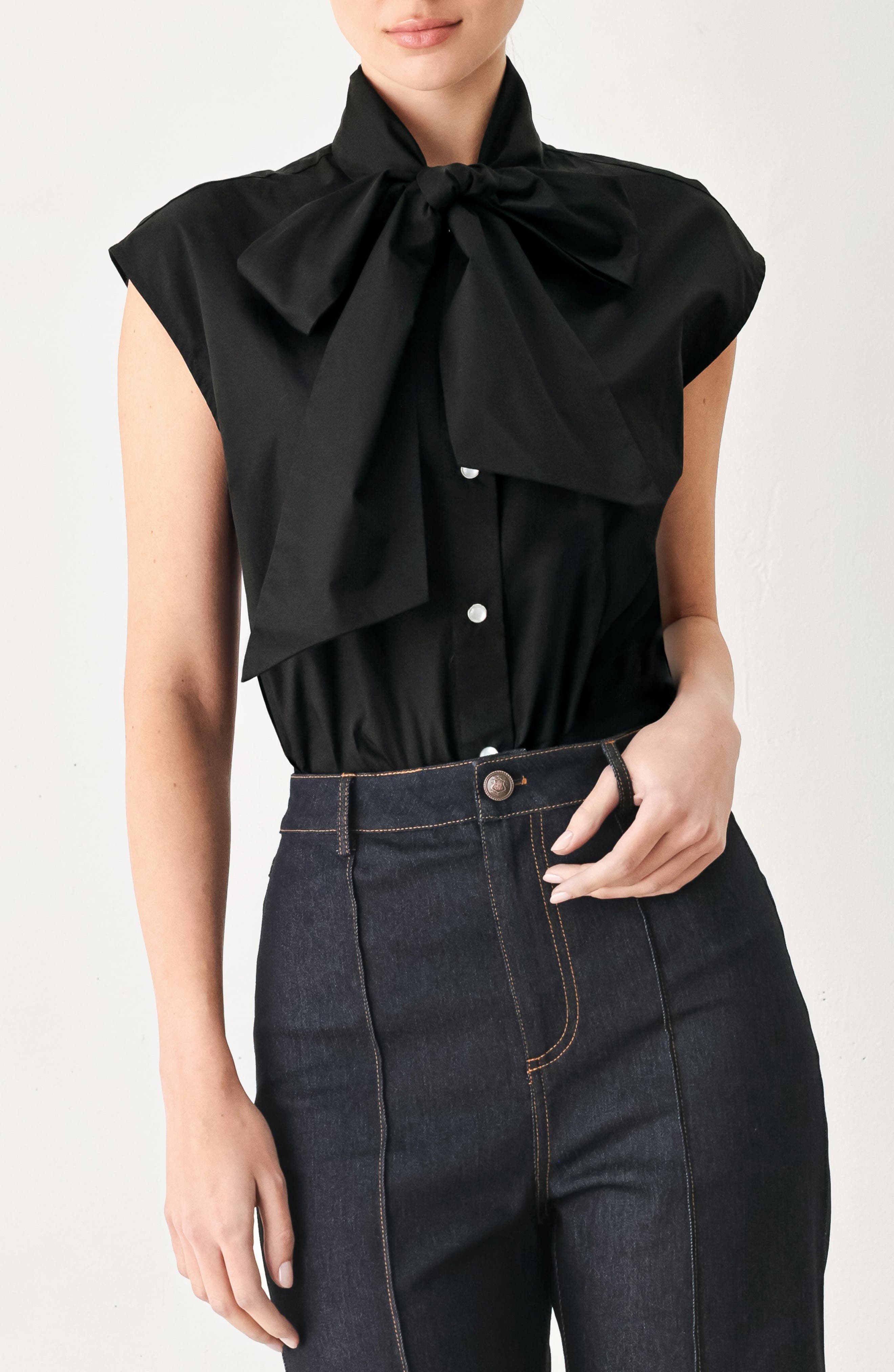 Tie Neck Sleeveless Cotton Shirt
