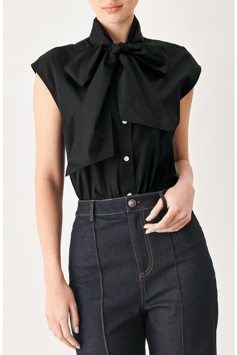 Tie Neck Sleeveless Cotton Shirt, Main, color, BLACK
