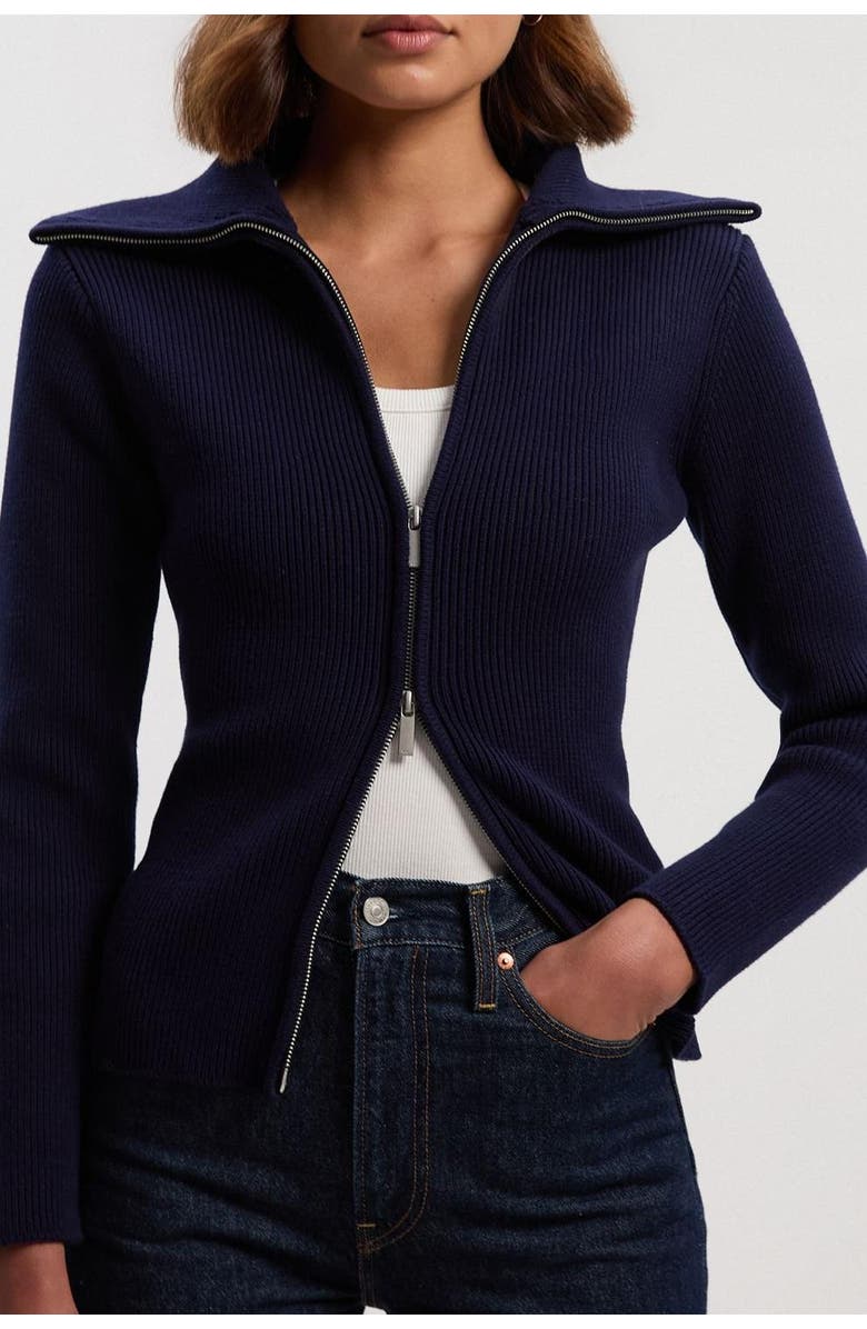 Karen Millen Cotton Zip Through Collar Knit Cardigan, Alternate, color, Navy