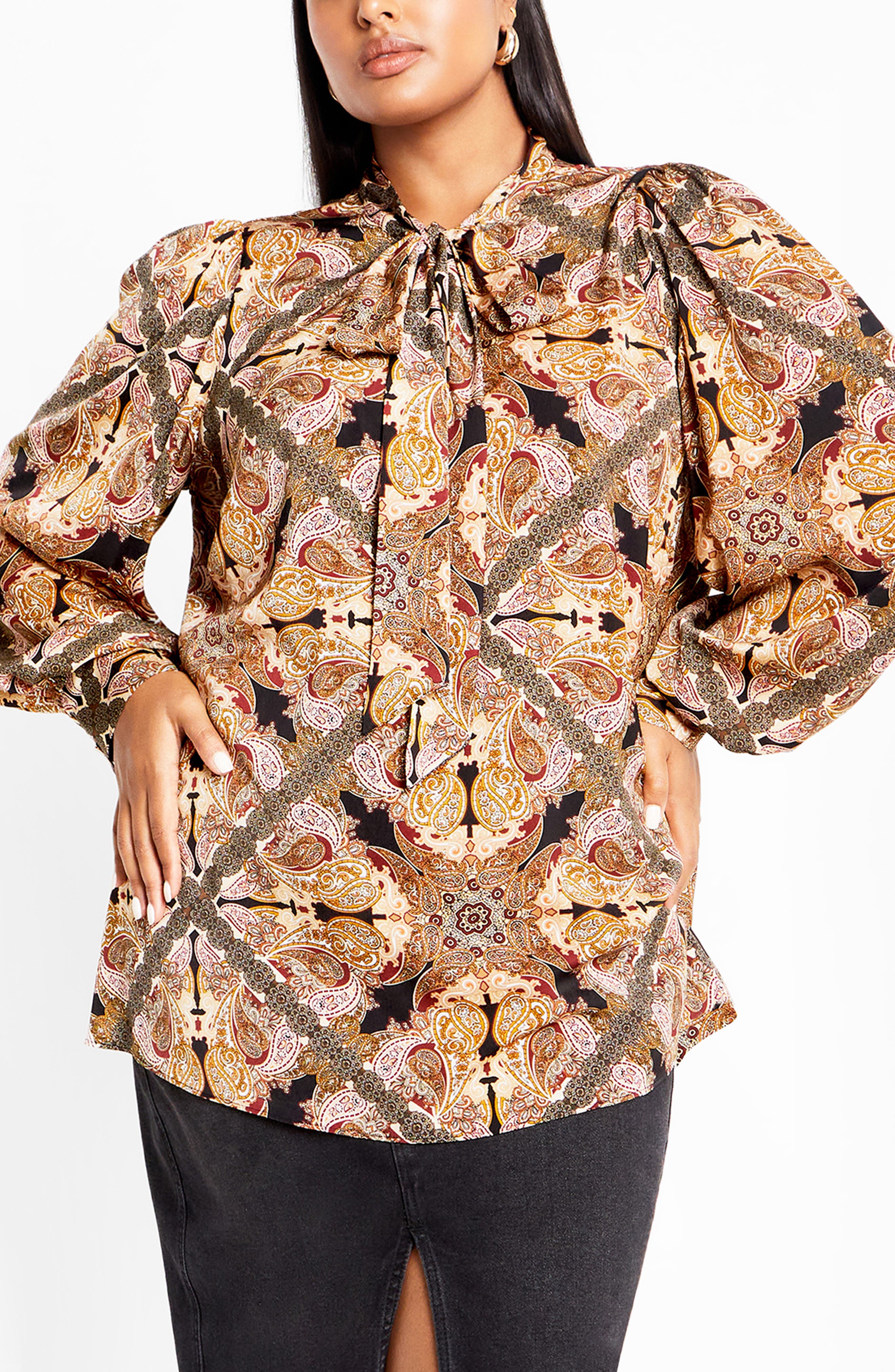 City Chic Mylah Print Tie Neck Shirt In Brown