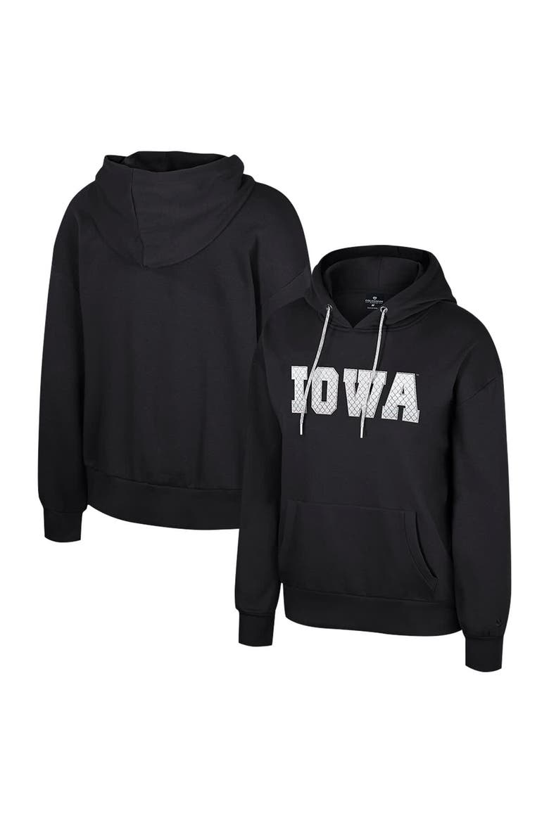 Women's Colosseum Black Iowa Hawkeyes Reflection Rhinestone Drawcord Pullover Hoodie, Main, color, Black