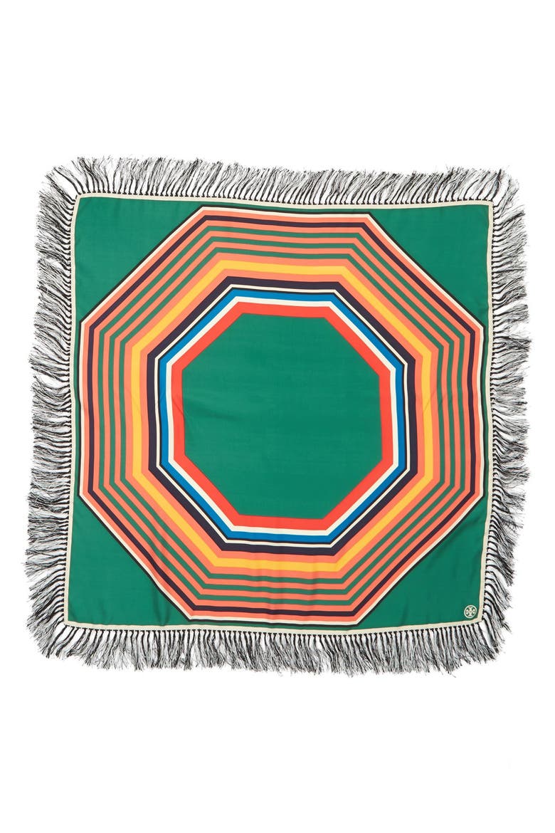 'Fret' Fringed Silk Twill Square Scarf, Alternate, color, GREEN