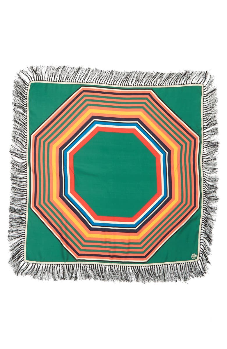 Tory Burch 'Fret' Fringed Silk Twill Square Scarf, Alternate, color, 