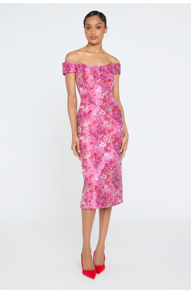 Theia Chantel Off Shoulder Dress, Main, color, Sweetheart Pink/Poppy