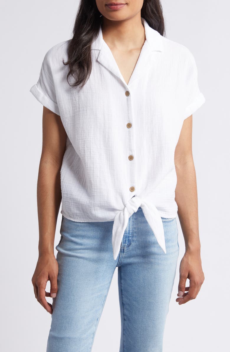 beachlunchlounge Rain Tie Front Short Sleeve Cotton Gauze Button-Up Shirt, Main, color,