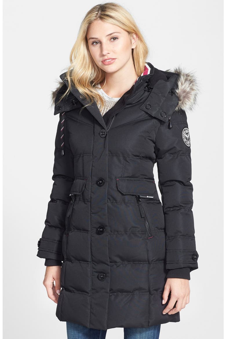 Full Length Parka with Faux Fur Trim, Main, color, BLACK