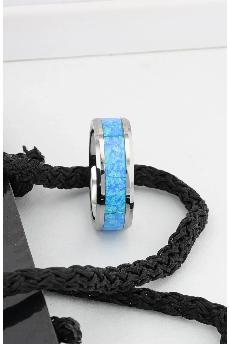Quasar Tungsten Wedding Band With Opal Inlay, Alternate, color, Blue Green Opal 8mm