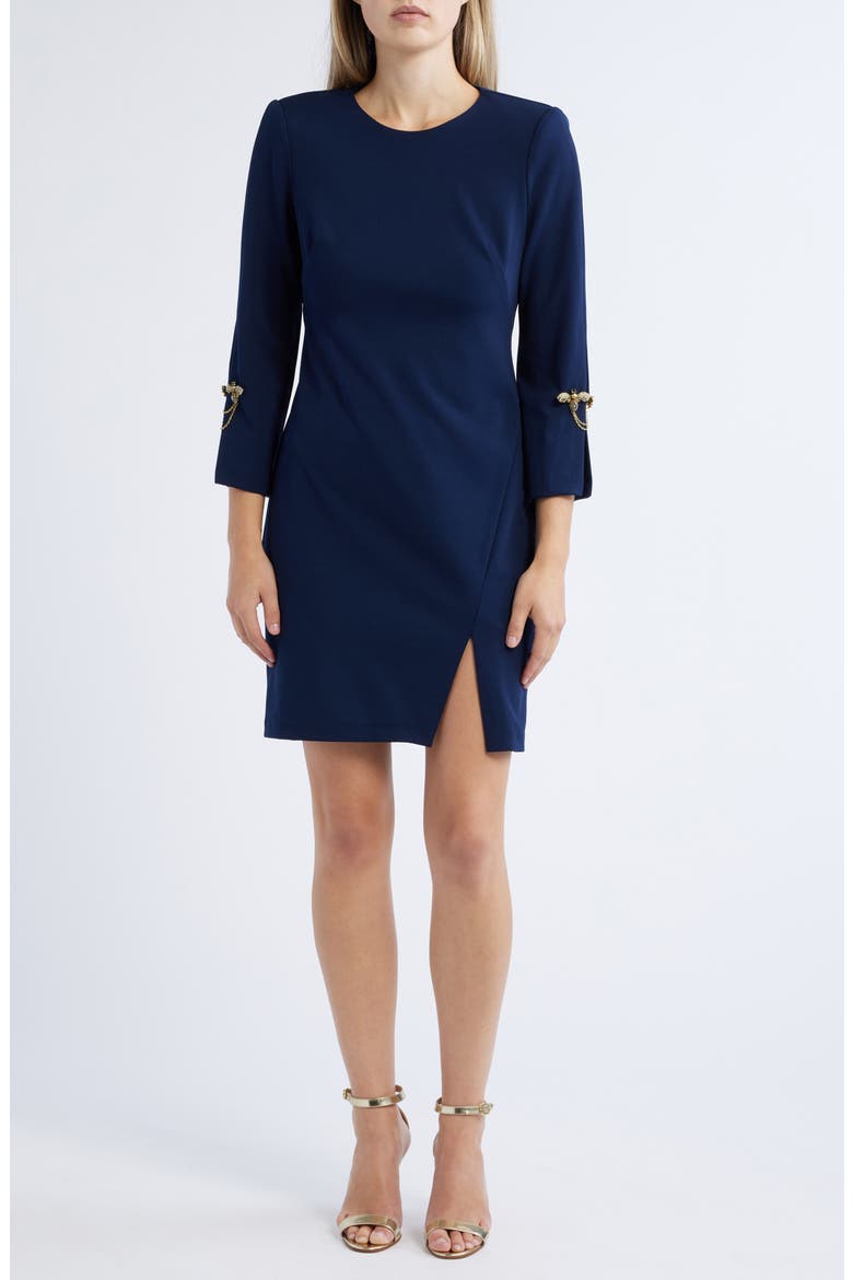 Brooch Detail Long Sleeve Crepe Shift Dress, Main, color, NAVY