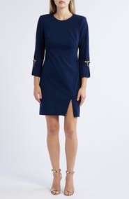 Vince Camuto Brooch Detail Long Sleeve Crepe Shift Dress