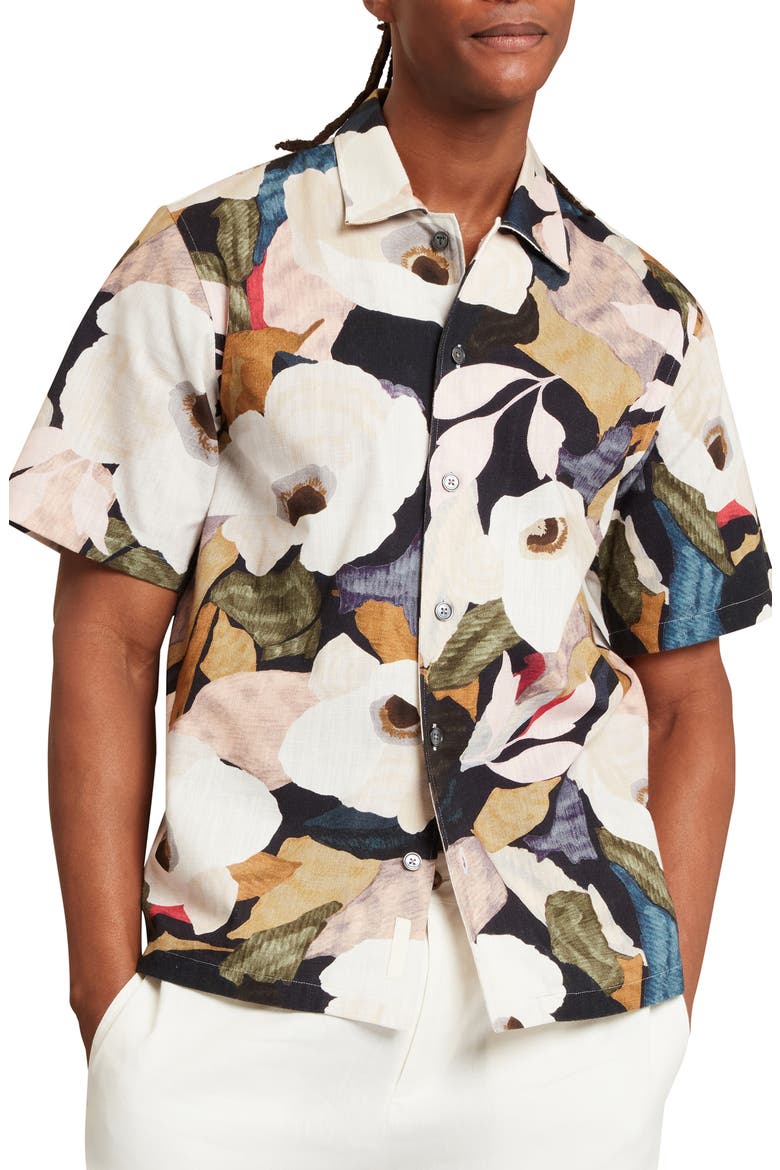 Langdon Floral Short Sleeve Cotton Buttion-Up Shirt, Main, color, BLACK AND CREAM