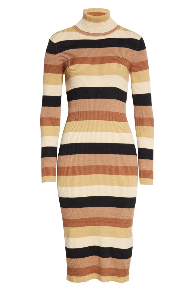 Lisa Stripe Ribbed Turtleneck Long Sleeve Midi Dress, Alternate, color, CAMEL MULTI