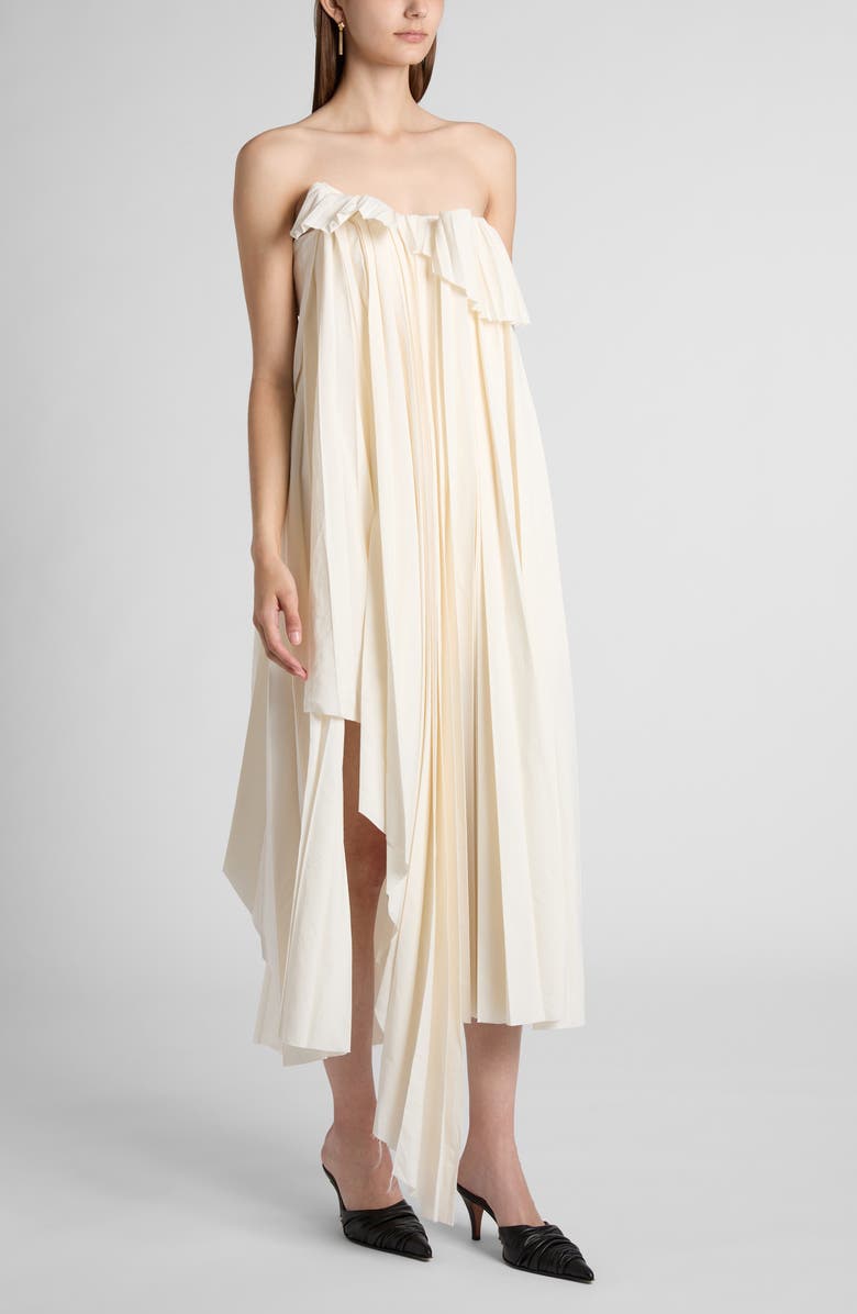 McQueen Strapless Asymmetric Plissé Evening Dress, Alternate, color, Ivory