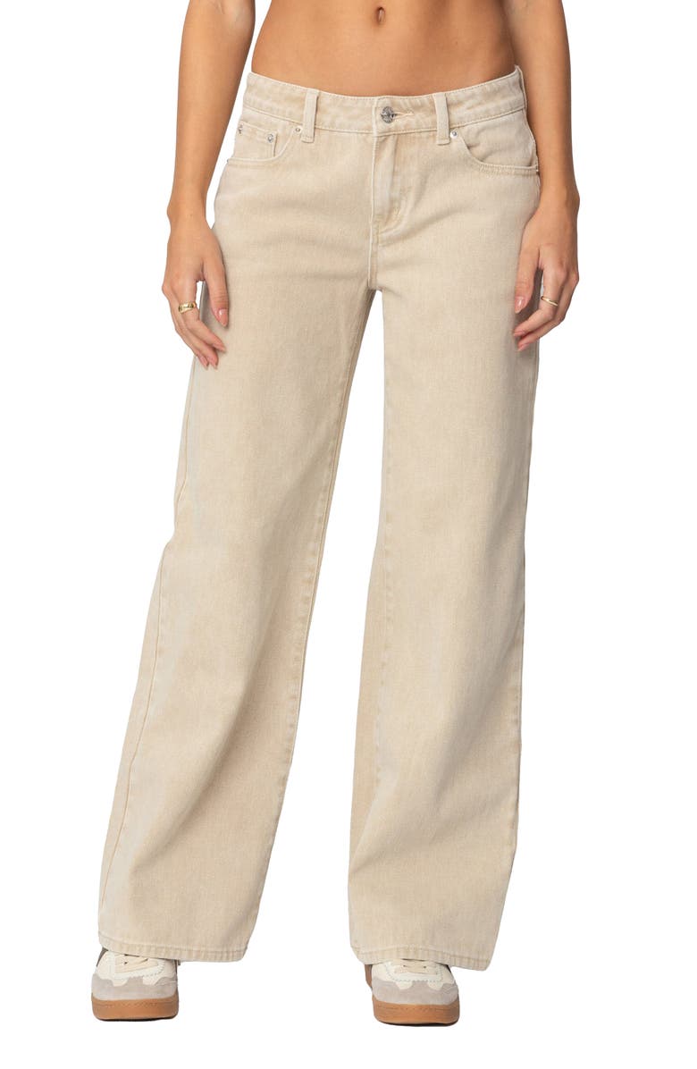 EDIKTED Leopard Star Low Rise Wide Leg Jeans, Main, color, Beige-Washed