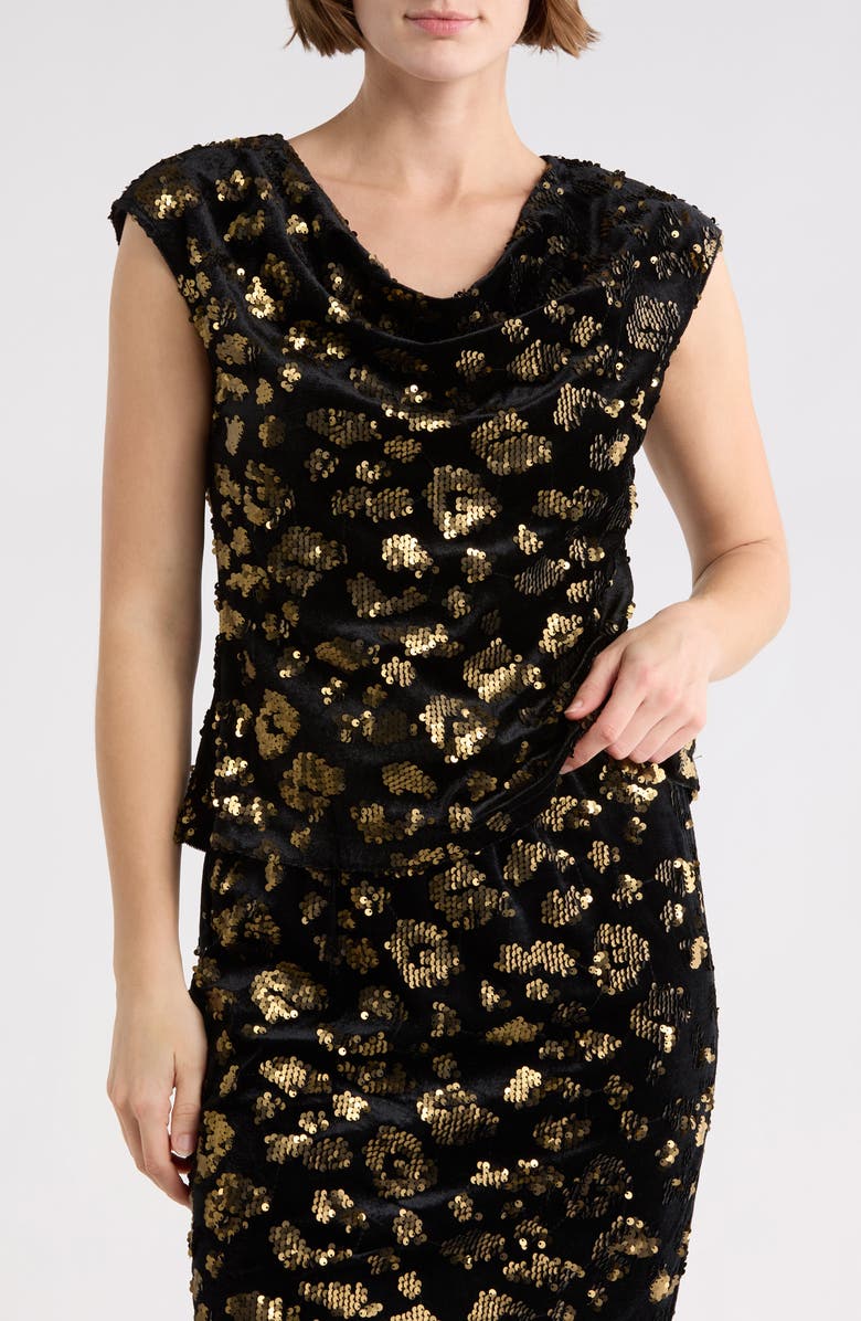 T Tahari Cowl Neck Cap Sleeve Sequin Top, Main, color, Black/ Gold Sequins