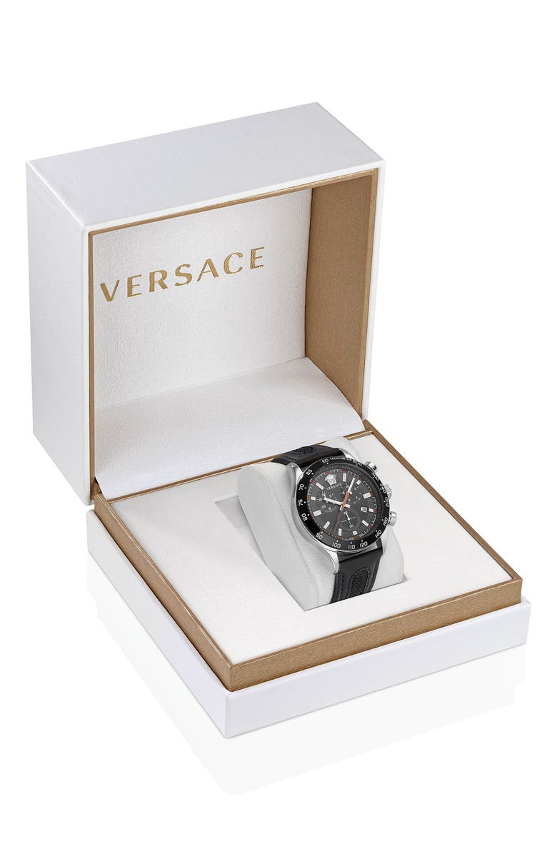 Versace Hellenyium Chronograph Leather Strap Watch, 44mm, Alternate, color, Stainless Steel