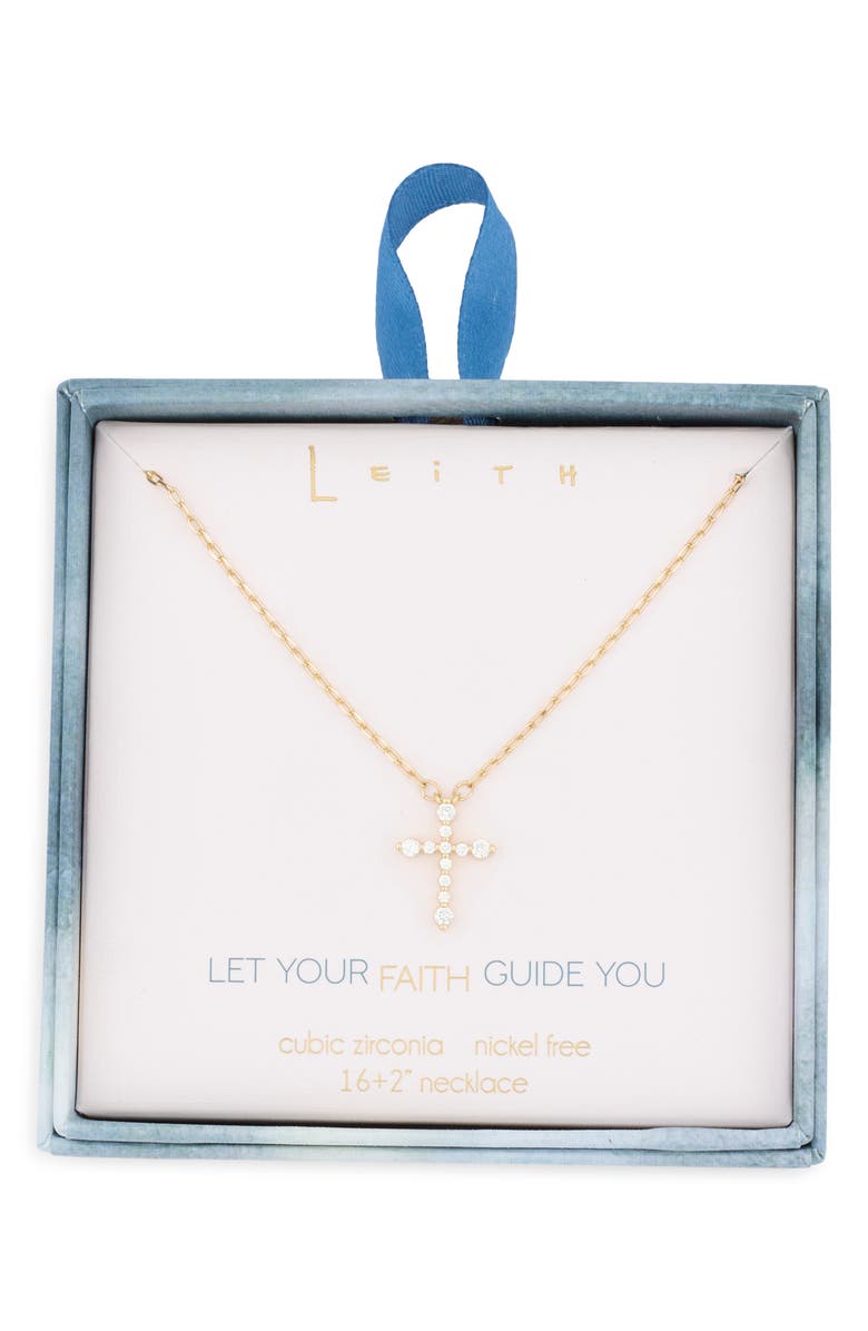 Leith Cubic Zirconia Cross Pendant Necklace, Main, color, Clear- Gold
