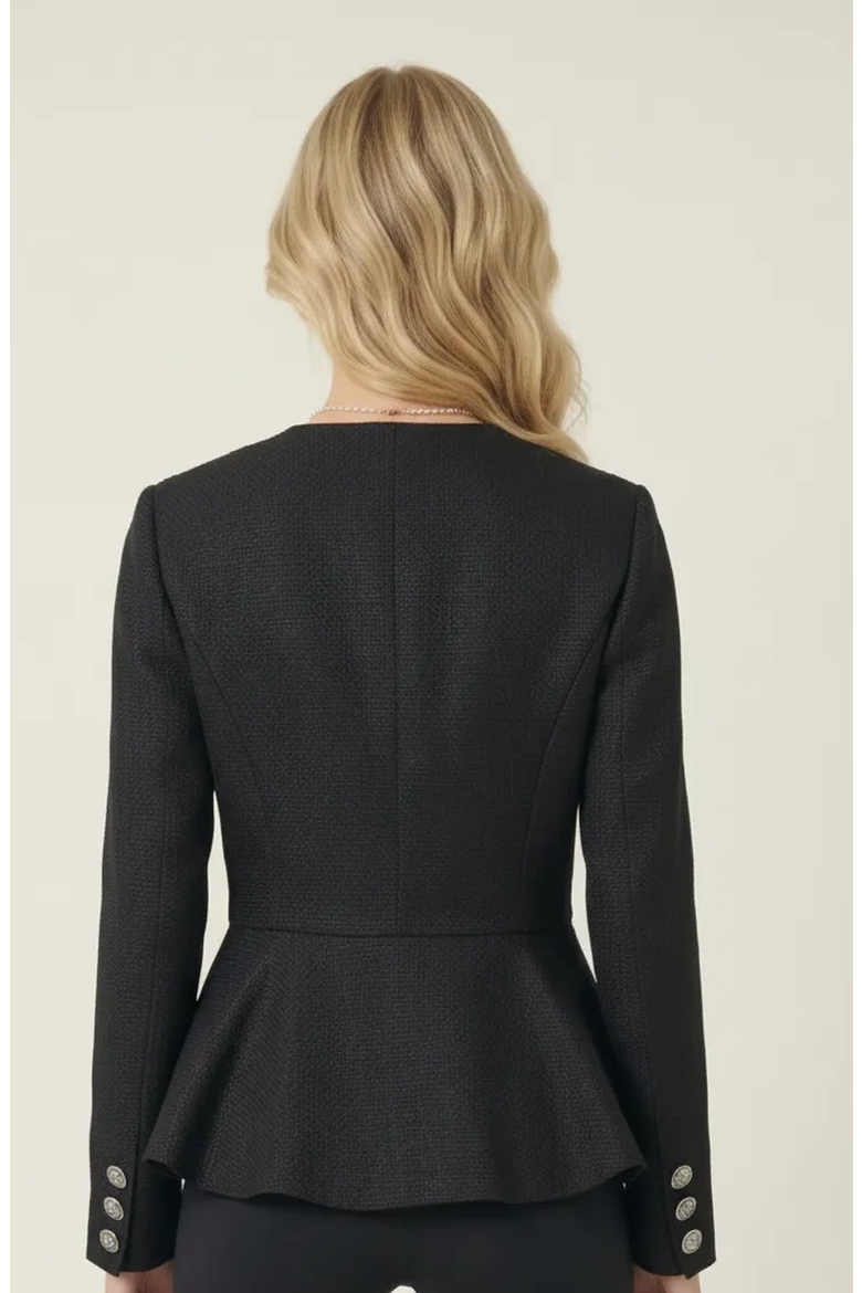Textured Round Neck Peplum Blazer, Alternate, color, Black