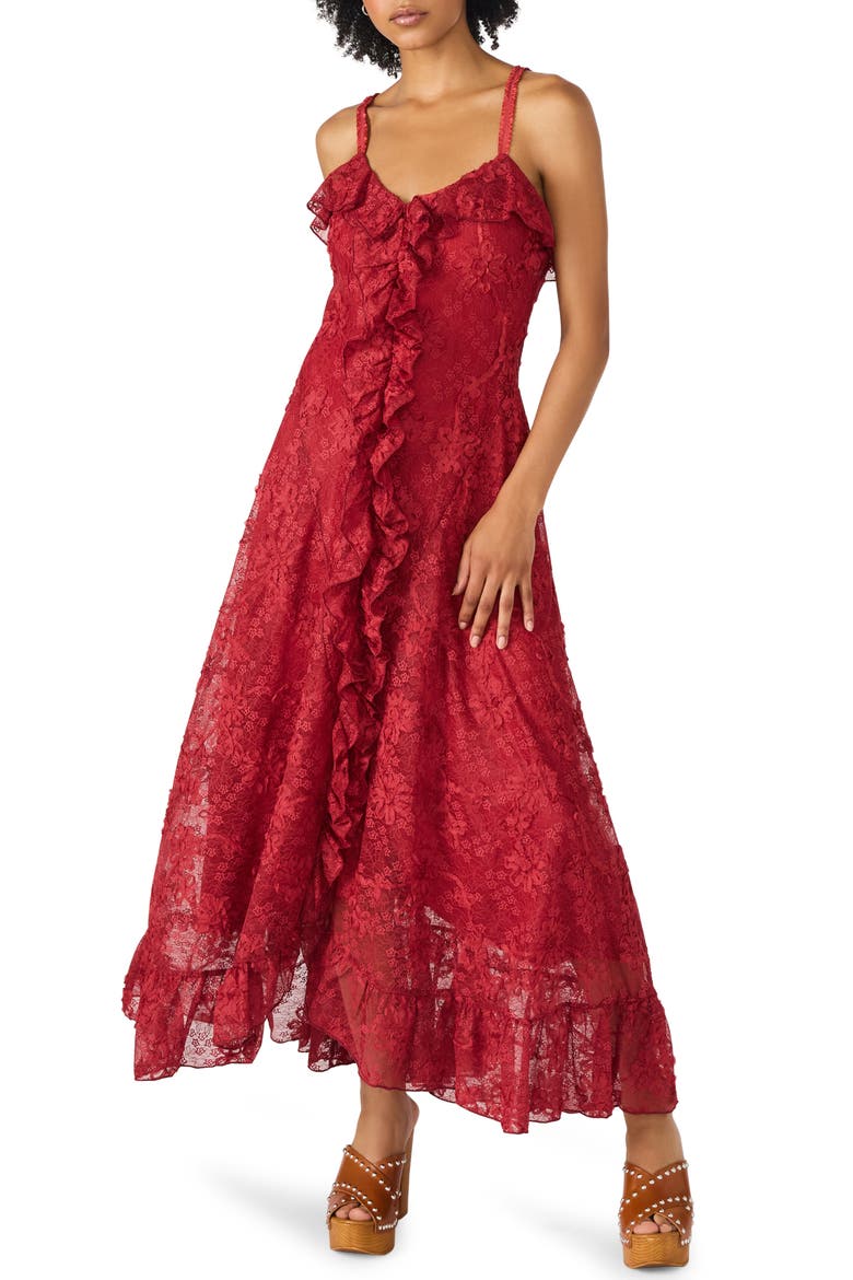 Irisia Ruffle Lace Maxi Dress, Main, color, PURPLE WINE