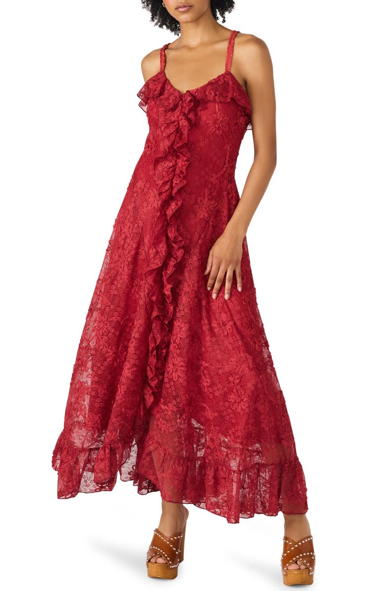Steve Madden Irisia Ruffle Lace Maxi Dress, Main, color, Purple Wine