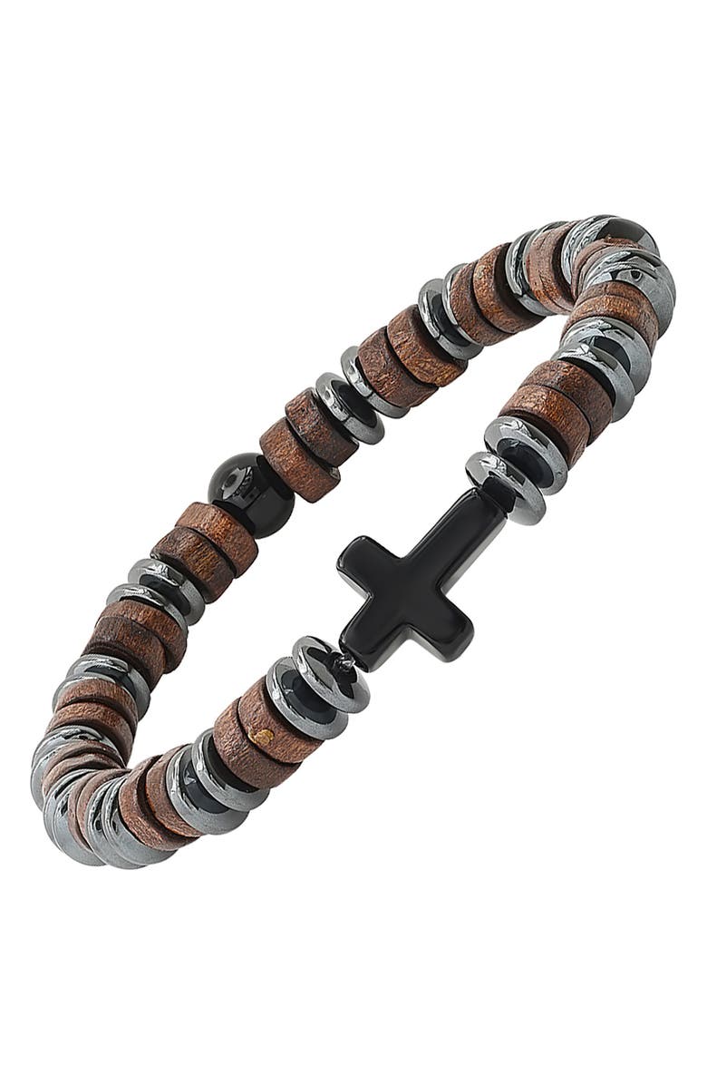 HMY JEWELRY Hematite Wood Bead Cross Bracelet, Alternate, color, Gray/ Brown/ Black